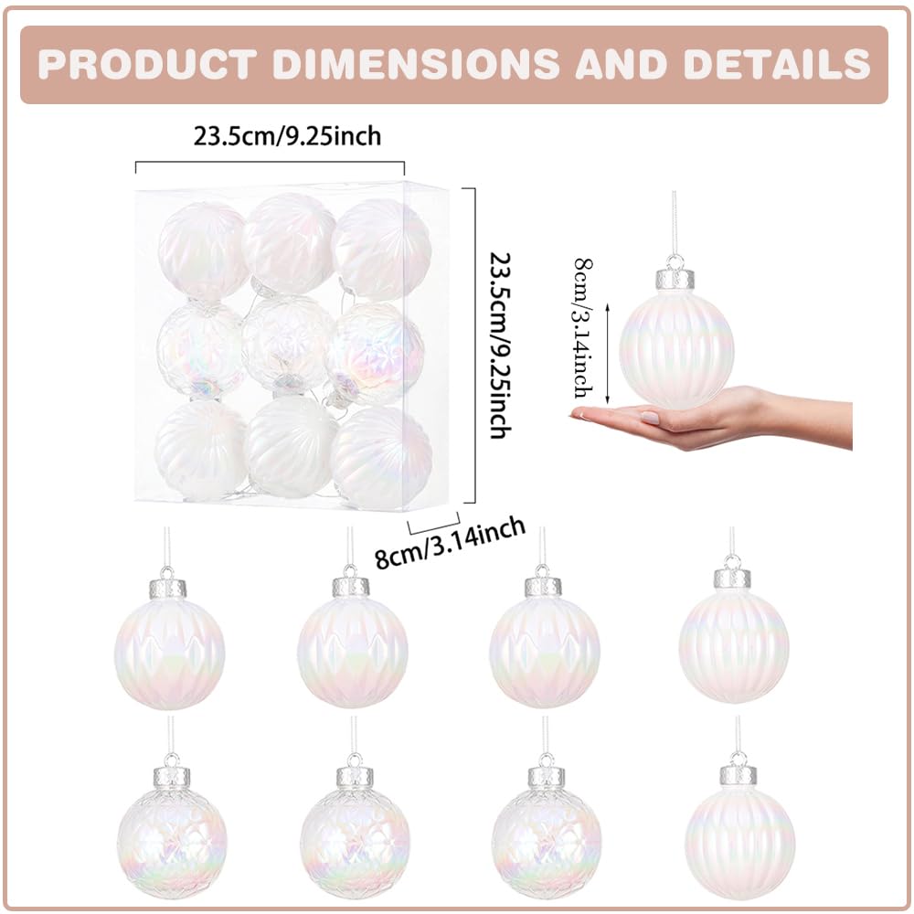 Juego de 9 bolas decorativas blancas iridiscentes de Navidad de 3.15 pulgadas, plástico transparente inastillable, adornos colgantes para decoración de árbol de Navidad, interiores, hogar, Acción de