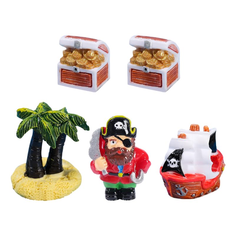 MAGICLULU Miniature Pirate Ship Figurine Set including Treasure Chest and Palm Tree Coastal Beach Decor for Dollhouse and Diy Home Office Garden Landscape