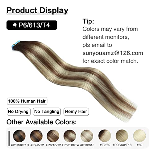 Image of SUYYA Tape In Hair Extensions Human Hair 14 Inch #P6 /613 /T4 Balayage