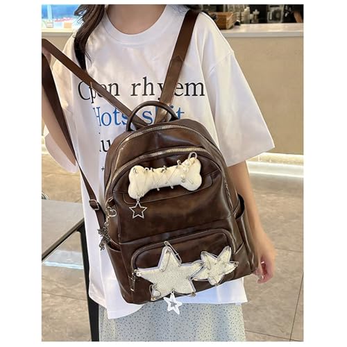 Cute PU Backpack Preppy, Y2K Star Vintage Fashion Bookbag, Aesthetic Emo 2000s Backpack for Women Men Casual Bag4