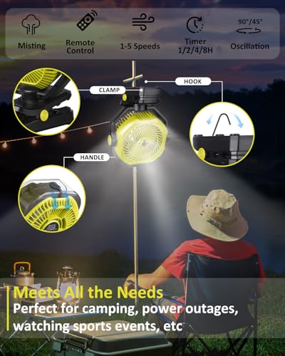 Image of Portable Rechargeable Misting Fan with 12oz Mist, Battery Life Display, Remote, Timer, Light, 5 Speeds, 9-Inch, 10000mAh 60H Battery Powered Clip Fan for Stroller, Travel, Outdoor, Poweroutage