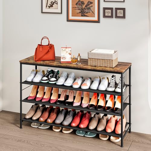 Image of INGIORDAR Shoe Rack Organizer 5 Tier Metal Organizer Shelf with Industrial MDF Board and Layer Fabric for Entryway Closet Bedroom Living Room Garage (Black+Rustic Brown, 4 Tier(47.2 inch W))
