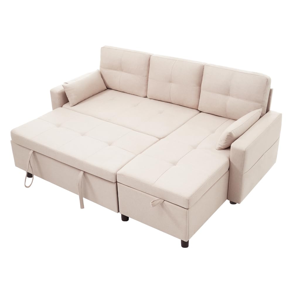Lubvtti Sofá Cama 3 plazas con función de Cama,sofá esquinero Moderno en Forma de L con portavasos y Espacio de Almacenamiento, sofá 3 plazas,Lino,Beige