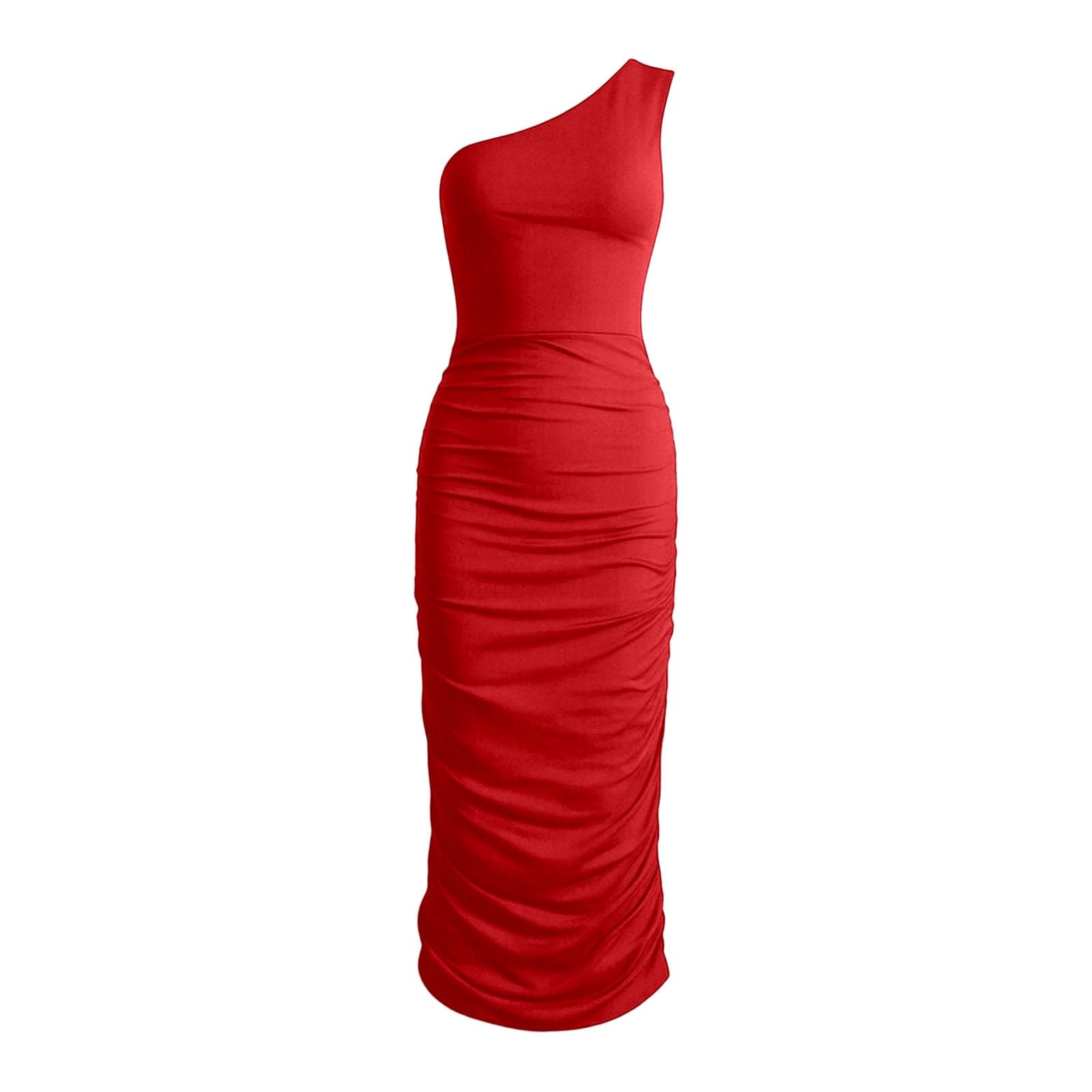 Abito longuette da donna, monospalla increspato, aderente senza maniche, abito da laurea estivo, slim fit, tinta unita, abito da cocktail casual elegante aderente da donna