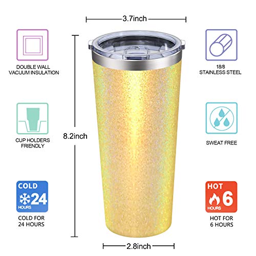 22oz Tumbler with Splash-Proof Lid, Bastwe Stainless Steel Vacuum Insulated Travel Mug Tumbler with Straw, Double Wall Coffee Mug, Thermal Cup for Hiking, Camping & Traveling (Lemon Yellow Glitter)