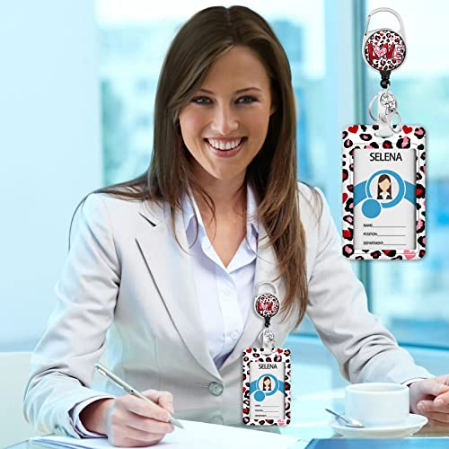 Love Leopard Badge Holder With Retractable Reel, Funny Id Card Badge Case With Carabiner Clip Heavy Duty, Vertical Card Name Tag Badge Protector Cover For Work Office Nurse Teacher Women Student Gifts #TOP1