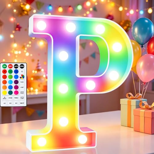Image of LED Marquee Letter Lights, 18 Colors Changing Light Up Letters with Remote, RGB Alphabet Letters Sign for Girls Boys Gift Birthday Party Night Light Bedroom Wedding Christmas Decor-Colorful P