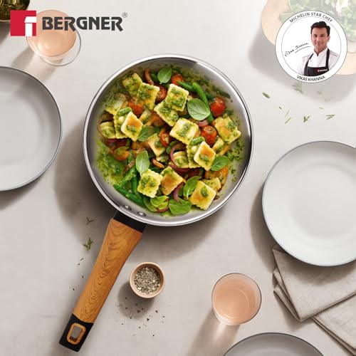 Image of TriPro Triply Stainless Steel 24cm Frypan with Wooden Soft Touch Handle, Triply Frying Pan for Cooking, Consumes Less Oil, Healthy Cooking, Even and Faster Heating - Induction and Gas Stove Ready