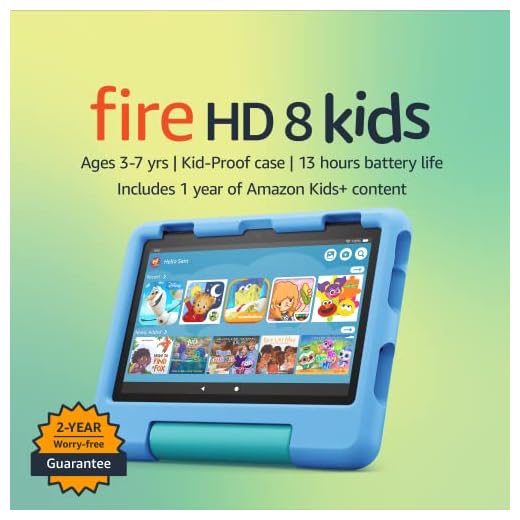 All-new Amazon Fire HD 8 Kids tablet, 8" HD display, ages 3-7, includes 2-year worry-free guarantee, Kid-Proof Case, 32 GB, (2022 release), Blue