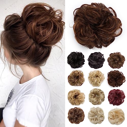 Benehair Messy Bun Hair Piece Scrunchy Updo Hair Pieces for Women Fluffy Wavy Hair Bun Scrunchies Donut Hairpiece Synthetic Chignons With Elastic Rubber Band Light Auburn mix Light Ash Brown 1pc 25g