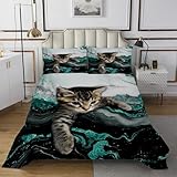 Homewish Grüner Marmor Steppdecke Marmorieren Grüner Türkis Tagesdecke 240x260cm Cartoon Cat Steppdecken für Jungen Kinder Mädchen Jugendliche,Teal Stone Mountain Fluid Tagesdecken Moderne raumdekor