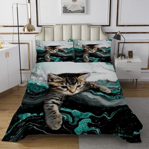 Homewish Grüner Marmor Steppdecke Marmorieren Grüner Türkis Tagesdecke 240x260cm Cartoon Cat Steppdecken für Jungen Kinder Mädchen Jugendliche,Teal Stone Mountain Fluid Tagesdecken Moderne raumdekor