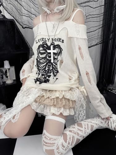 CEINOM Y2k Harajuku Gothic Knitted Pullover Sweater Women Japanese Fashion Sexy Skull Off The Shoulder Punk Loose Sweater3