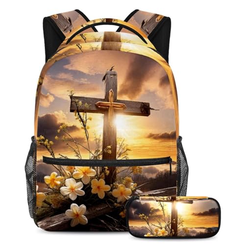 Sac à dos croix jaune de Pâques multicolore avec trousse assortie pour adolescents