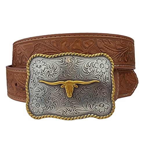 Trendy Western Buckle with floral leather embossing belt