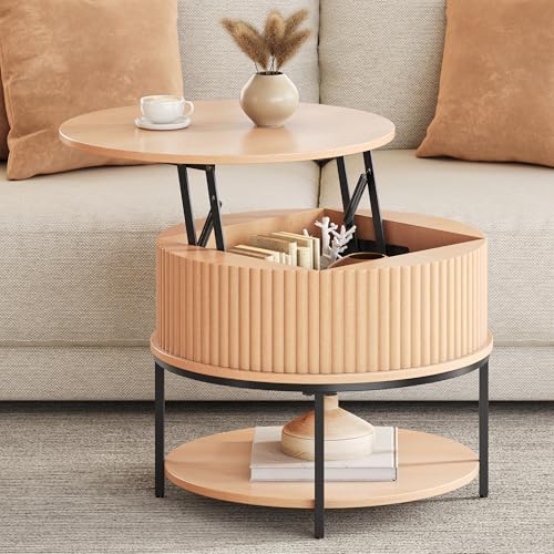 YITAHOME Couchtisch Höhenverstellbar, Couchtisch Rund mit geriffeltem Design und verstecktem Stauraum, Centro Sofa-Beistelltische für das Wohnzimmer, Eiche YITAHOME Couchtisch Höhenverstellbar, Couchtisch Rund mit geriffeltem Design und verstecktem Stauraum, Centro Sofa-Beistelltische für das Wohnzimmer, Eiche
