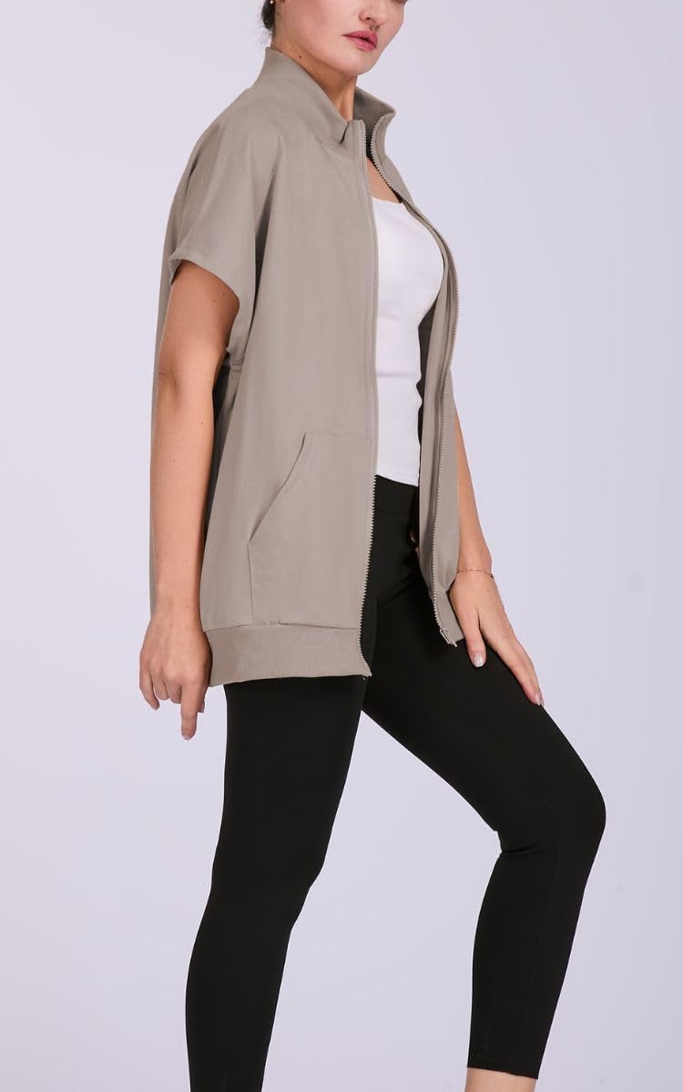 Women's Zip Up Sweatshirts Short Sleeve Lapel Oversized Summer Casual Loose Solid Sweatshirt Jacket with Pockets - Image 4