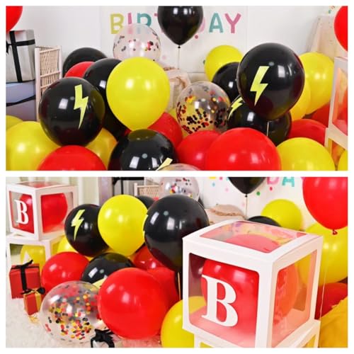 Image of Red Yellow Black Balloons, 12 inch Lightning Cartoon Ball Anime Balloon Birthday Decorations, Lightning Printed Balloons Red and Black Confetti Balloon for Boys Theme Race Car Party Decor
