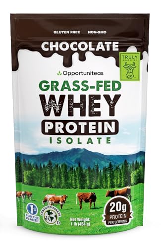 Image of Opportuniteas Grass Fed Chocolate Whey Isolate Protein Powder - 20 g Protein, Heavy-Metal Tested, Made with Organic Cacao & Organic Cane Sugar, Non-GMO, Hormone-Free, Sourced from Ireland, 1 lb