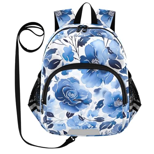 Watercolor Painting Flowers Blue Toddler Harness Backpack for Boys Girls 3-6 Years Kids Backpack with Anti Lost Safety Leash Baby Travel Bag for Walking Preschool Travel