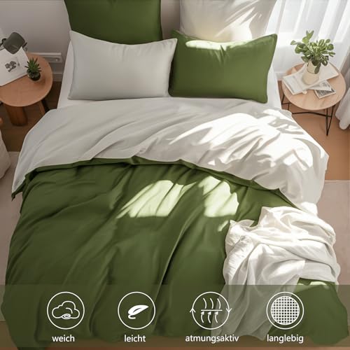 RUIKASI Bettwäsche 155x220 Baumwolle Grün - Olivegrün Bettwäsche-Sets 155x220cm 2teilig Wendebettwäsche 2tlg mit Reißverschluss… – Ansicht 4