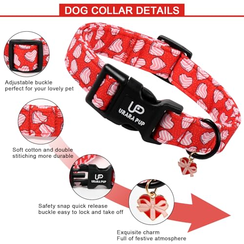 Image of Valentine's Dog Collar, UP URARA PUP Pink Heart in Red Adjustable Pet Collar with Bowknot Charm, Wedding Dog Accessories for Small Medium Large Dogs