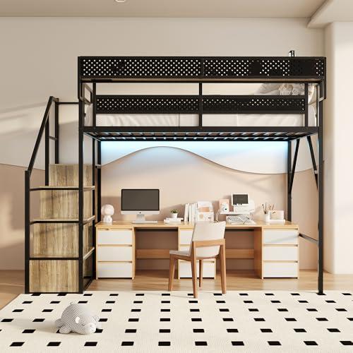 Image of Full Size Metal Loft Bed with Storage Stairs, Wardrobe & Charging Station | Storage Shelve,Convertible Staircase,LED Lights, Solid Wood Stairs, Safety Guardrail, Noise-Free, No Box Spring Needed