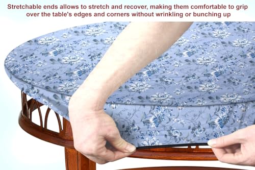 Image of The Furnishing Tree Elastic Cotton Oval Center Table Cover 14x24 in Inches Floral White Rose on Blue Base