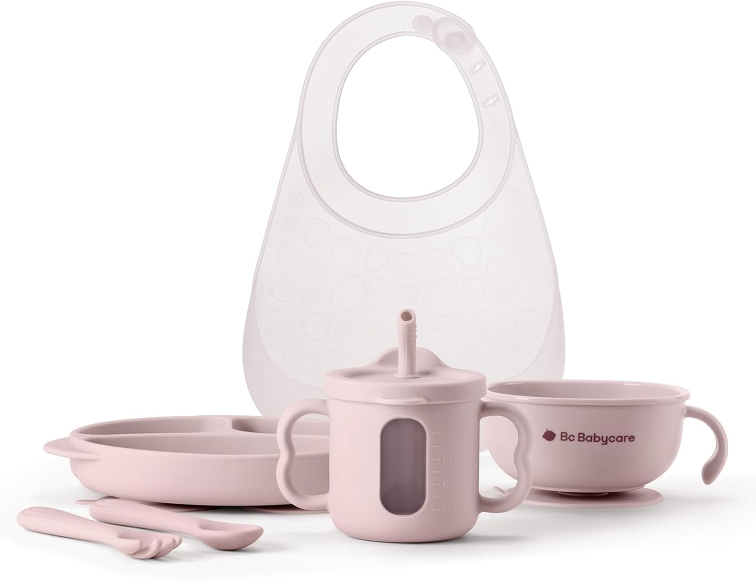 Bc Babycare 6PCS Silicone Baby Feeding Set | Suction Plate, Bowl, Bib, Sippy Cup, Forks & Spoons | BPA-Free Toddler Tableware (Pink)​