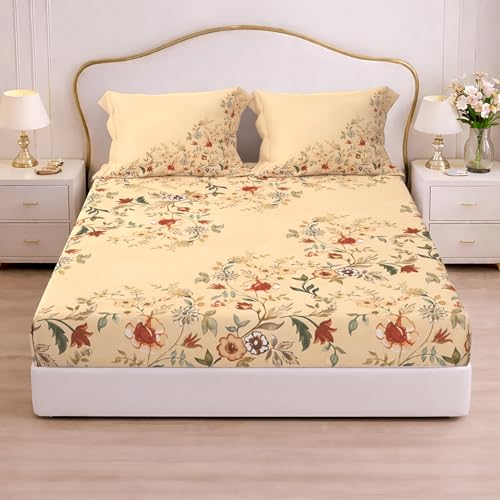 Image of Cloth Fusion Glace Cotton Elastic Fitted Bedsheet King Size with 2 Pillow Covers (78X72 inches, Floral Heaven)