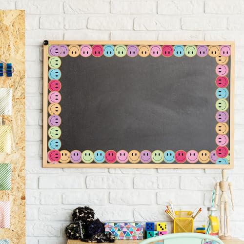 Image of Whaline 32.8ft Happy Face Bulletin Board Border Rose Red Blue Purple Smile Face Die-Cut Border Trim with Gold Edge for Retro Boho Chalkboard Decoration