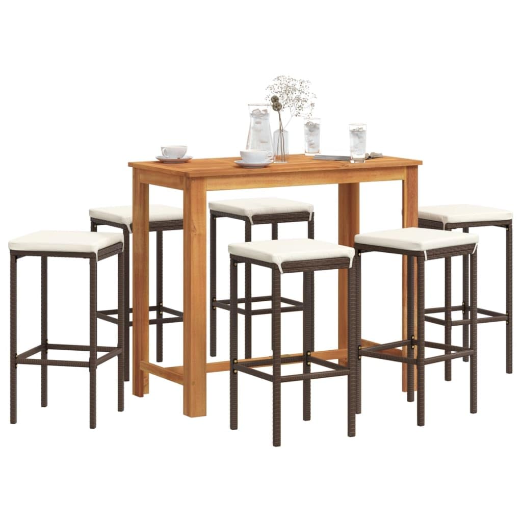 Table haute et 6 tabourets en bois d'acacia massif et rotin au design soigné