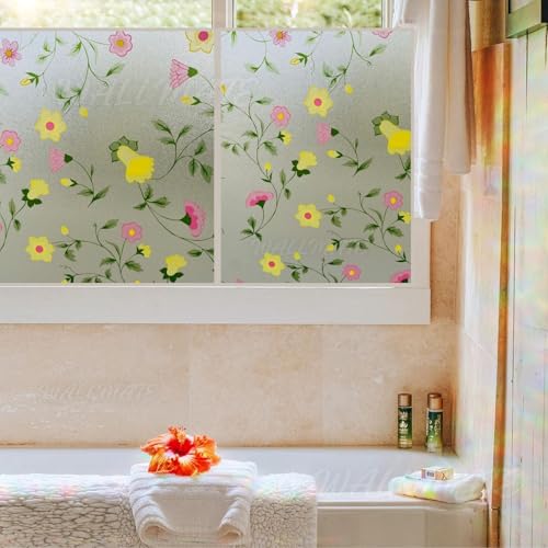 Image of WALLMATE Frosted Glass Window Film, Privacy Film for Glass Windows, Heat Blocking,Decorative Removable Indoor Frosting Clings for Bathroom (Bell Flower, 16X72)