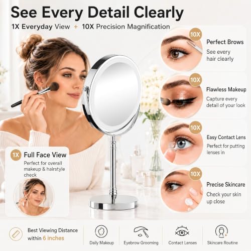 Image of DEIOVWXS Makeup Mirror, Rechargeable Vanity Mirror with 3 Lights, 1X /10X