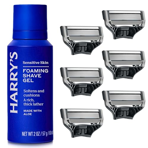 Harrys Original Razor Blades Refill and Foaming Shave Gel (6) Refillls with Precision Trimmer 5 Anti-Friction Shaving Blades 60ml Foaming Shave Gel Compatible with Harrys Original