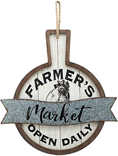 Wood and Metal Circular Signs|Rustic Farmhouse Kitchen Wood Sign Plaque Wall Hanging Decor with Words-Farmer's Market Open Daily