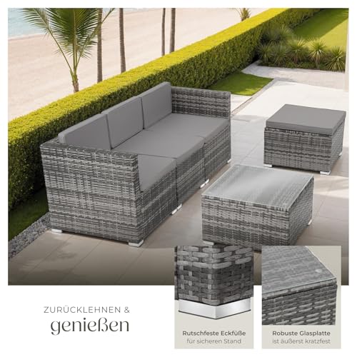 tectake® Poly Rattan Lounge, Outdoor Sitzgruppe, Set mit Sofa Sessel, Hocker, Tisch, frei kombinierbar, Sitzecke für 3-4 Personen… – Ansicht 4