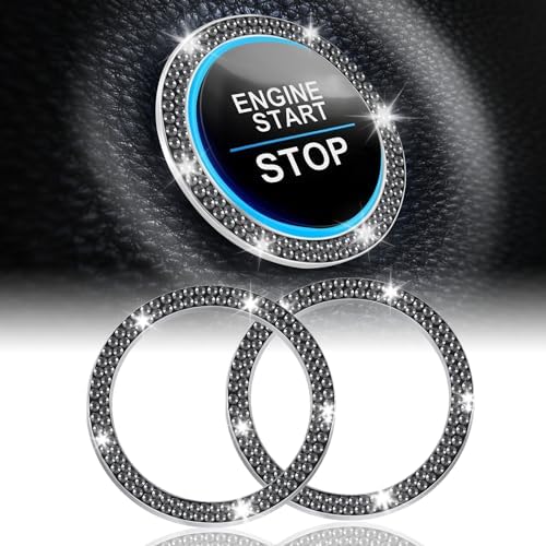 LivTee 2 PCS Crystal Double Rhinestone Car Engine Start Stop Decoration Ring, Bling Car Interior Accessories for Women, Push to Start Button Cover, Key Ignition & Knob Bling Ring, Glossy Black