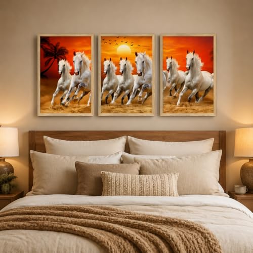 Image of Livin'luxe Set of 3 White Running Horse Sunset Wall Paintings for Living Room Bedroom Home Decor with Premium Wooden Color Synthetic Frame (25.5 x 19.5 Inch) NM03-95
