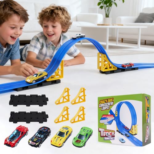 Kimdog Flexible Race Track for Kids - 15Ft Car Track with 4 Vehicle in 1:64 Scale, 4M DIY Car Ramp Roll Up, Play Race Cars for 3 4 5 6 Year Old Boys...