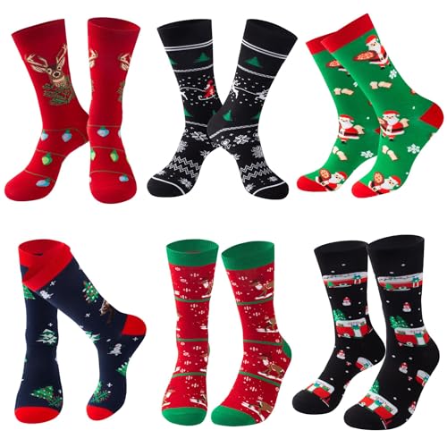 TENYSAF Novelty Mens Christmas Socks: Cotton Funny Socks 6 Pairs Cozy Crew Xmas Socks for Male Friends Family Christmas Holiday Gifts