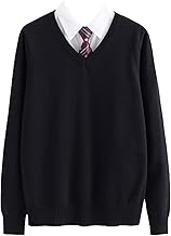 Wowcarbazole School Sweater, Girls, High School Students, Soft to the Touch, 100% Cotton, Easy to Layer, Uniform Sweater, Solid Color, V-Neck, Loose, Student Knit, Long Sleeve, For School, Spring