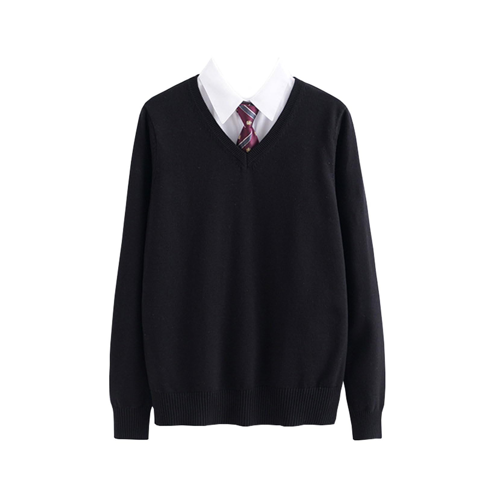 [Wowcarbazole] スクールセーター 女子 高校生【肌触りが柔らかくて、１００％綿・重ね着しやすい厚さ】 制服セーター 無地 Vネック ゆったり 学生ニット 長袖 通学 春秋冬 男女兼用
