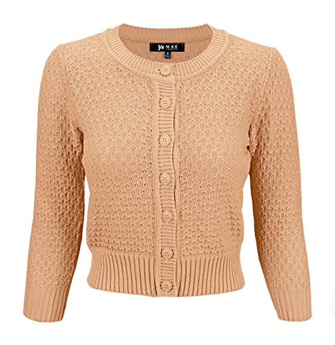YEMAK Women's Cropped 3/4 Sleeve Crewneck Button-Down Cardigan Sweater TAN M