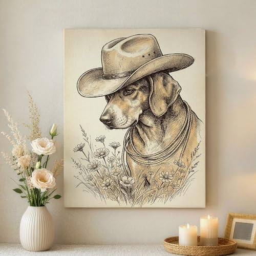 Toile murale rustique pour bureau et chambre, tableau chien de cow-boy beige 40x50cm