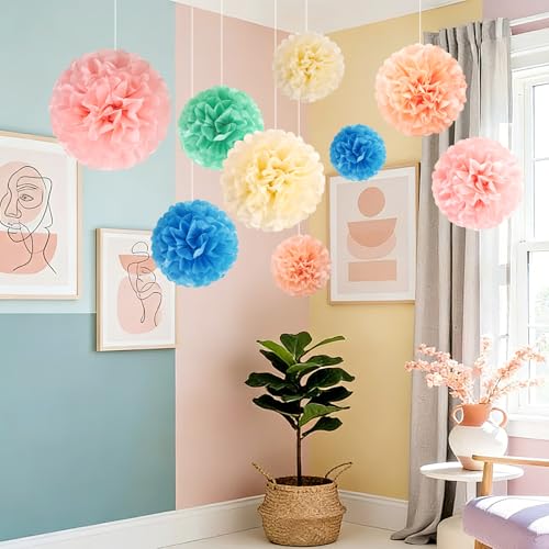 Image of EASY JOY 15PCS Pastel Paper Tissue Pom Poms Decoration Macaron Rainbow Candy Ice Cream Easter Flowers Wall Hanging Decor for Birthday Wedding Baby Shower