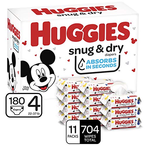 Huggies Bundle - Snug & Dry Baby Diapers, Size 4, 180 Ct, One Month Supply & Simply Clean Unscented Baby Wipes, 11 Flip-Top Packs (704 Wipes Total)