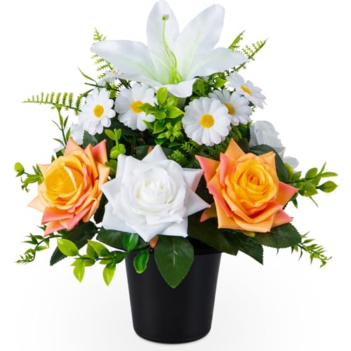 SIFOEL Fleurs funéraires artificielles en pot, rose, lys et marguerite artificiels avec pot pour...