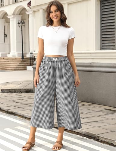 Image of TARSE Women Wide Leg Capri Pants Loose Gingham Plaid Culottes Summer Elastic Waist Palazzo Trousers Bottoms with Pockets