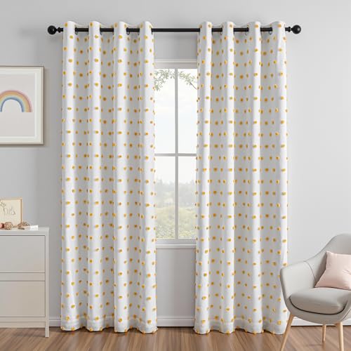 Image of MEETSKY Blackout Curtains for Kids Bedroom,Yellow Pom Pom Curtain 50x90 in